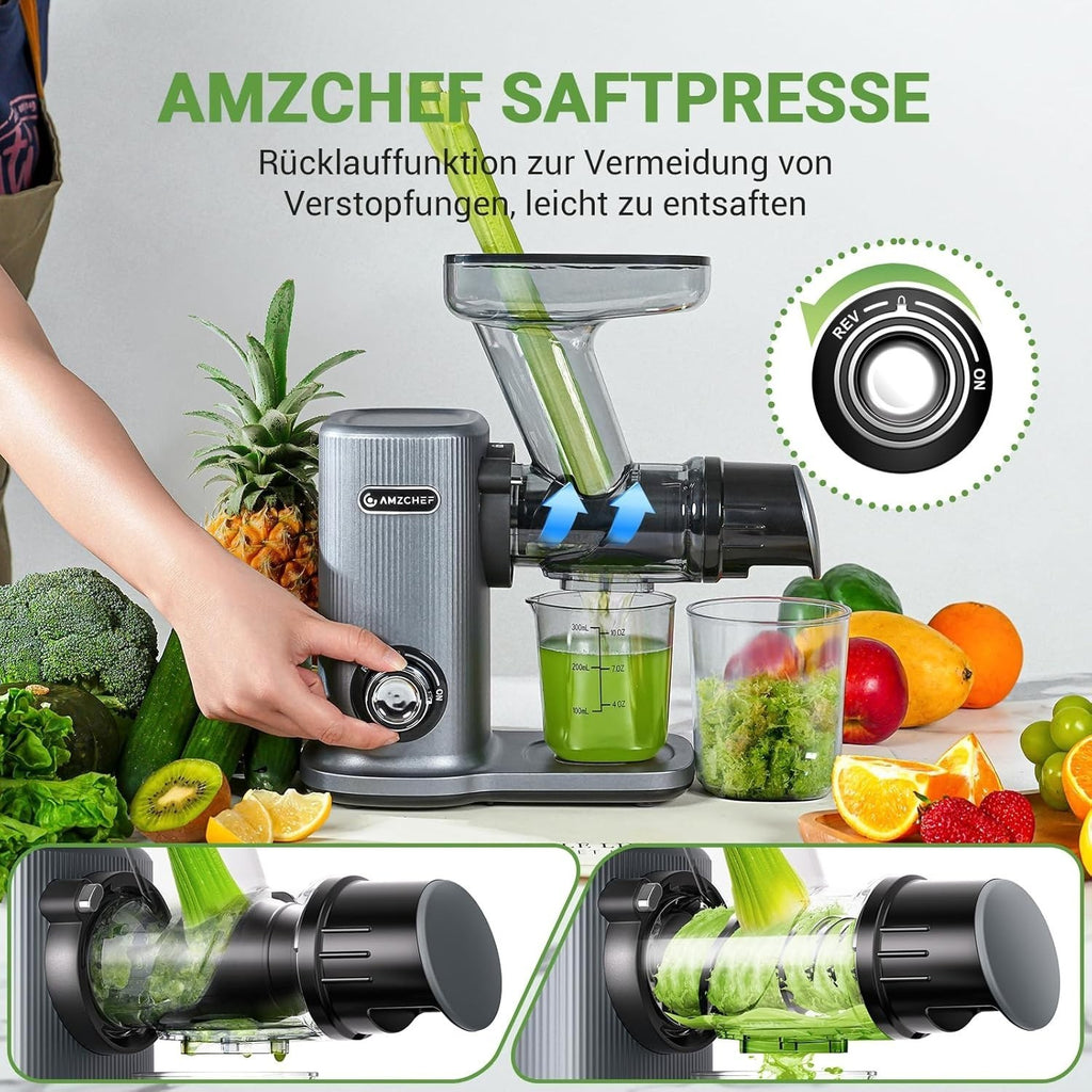 AMZCHEF Kompakt Entsafter Slow Juicer  Gemüse und Obst mit Zwei Zuführungsmodi