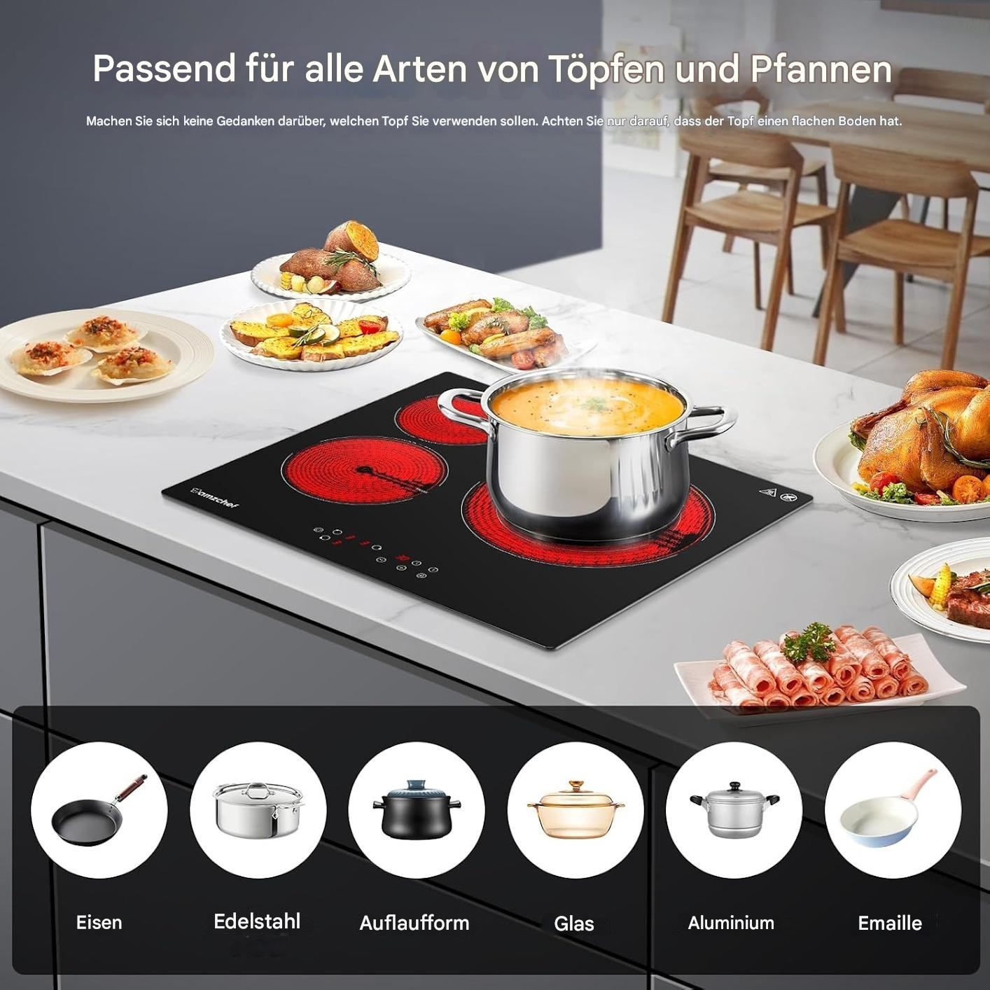 AMZCHEF Glaskeramikkochfeld 60cm Herdplatte 3 kochfelder 5400W mit 9 Stufen