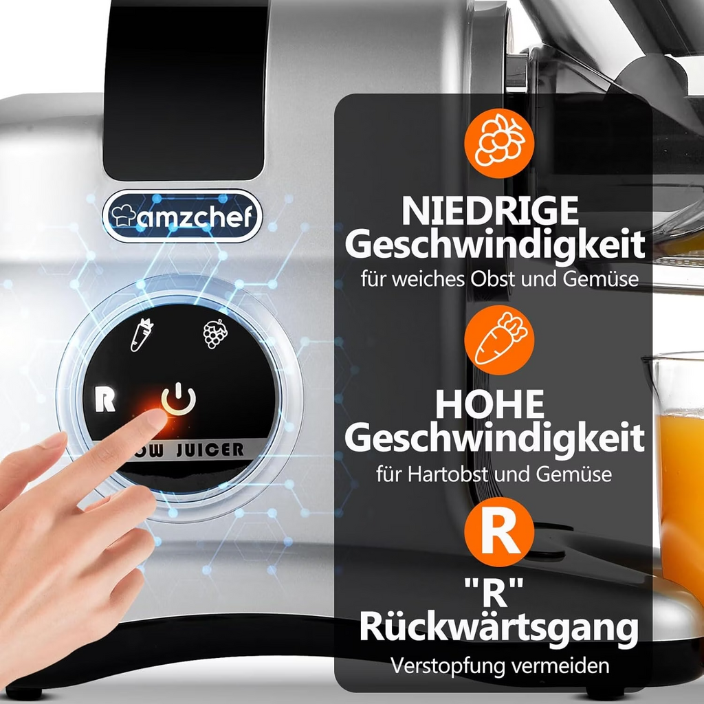 AMZCHEF Entsafter Slow Juicer 80MM Großer Einfüllschacht  Ganzes Gemüse und Obst