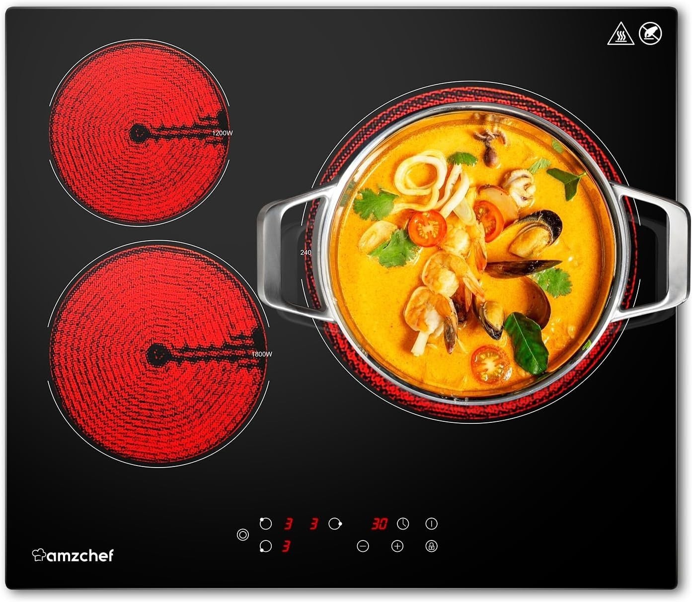 AMZCHEF Glaskeramikkochfeld 60cm Herdplatte 3 kochfelder 5400W mit 9 Stufen