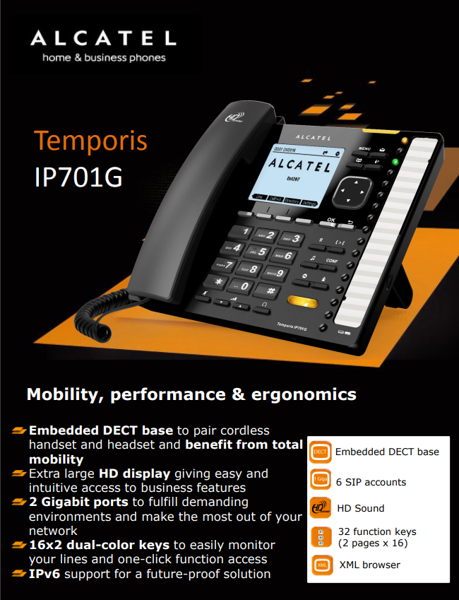 Alcatel Temporis IP701G IP Phone VoIP-Telefon SIP PoE DECT-Basis HD-Display