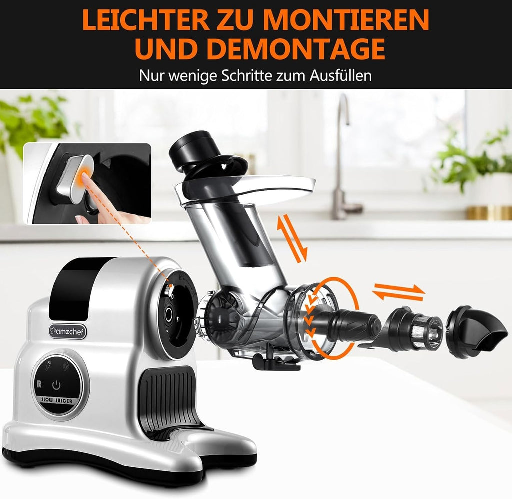 AMZCHEF Entsafter Slow Juicer 80MM Großer Einfüllschacht  Ganzes Gemüse und Obst