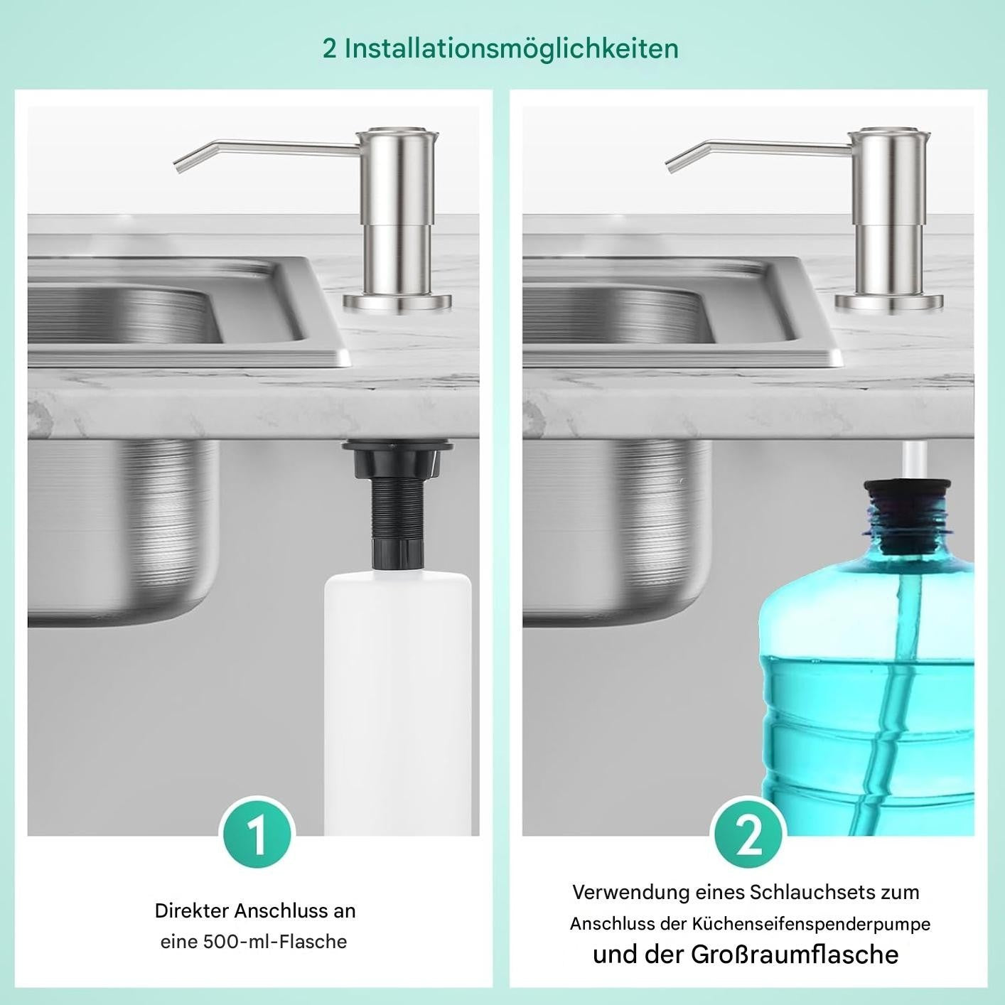 CREA Seifenspender Einbau Küche, Bad 500ml Flasche 1m Schlauch drehbar Edelstahl