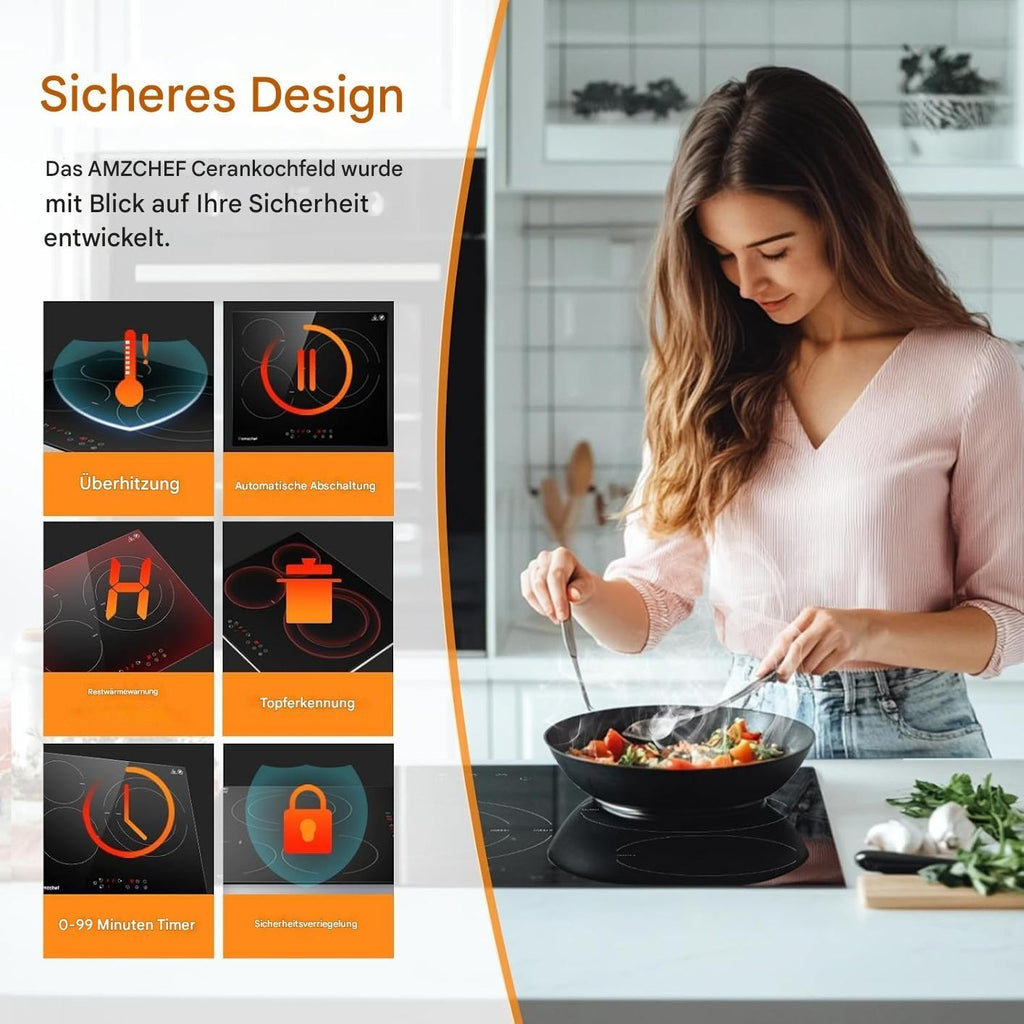 AMZCHEF Glaskeramikkochfeld 60cm Herdplatte 3 kochfelder 5400W mit 9 Stufen