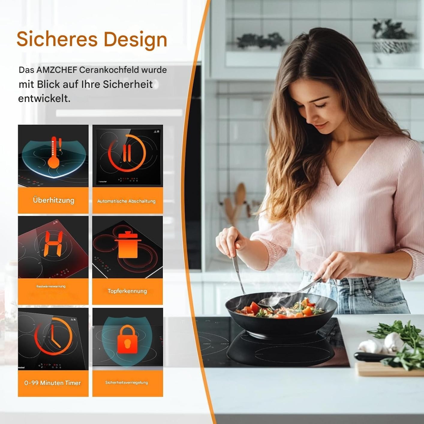 AMZCHEF Glaskeramikkochfeld 60cm Herdplatte 3 kochfelder 5400W mit 9 Stufen