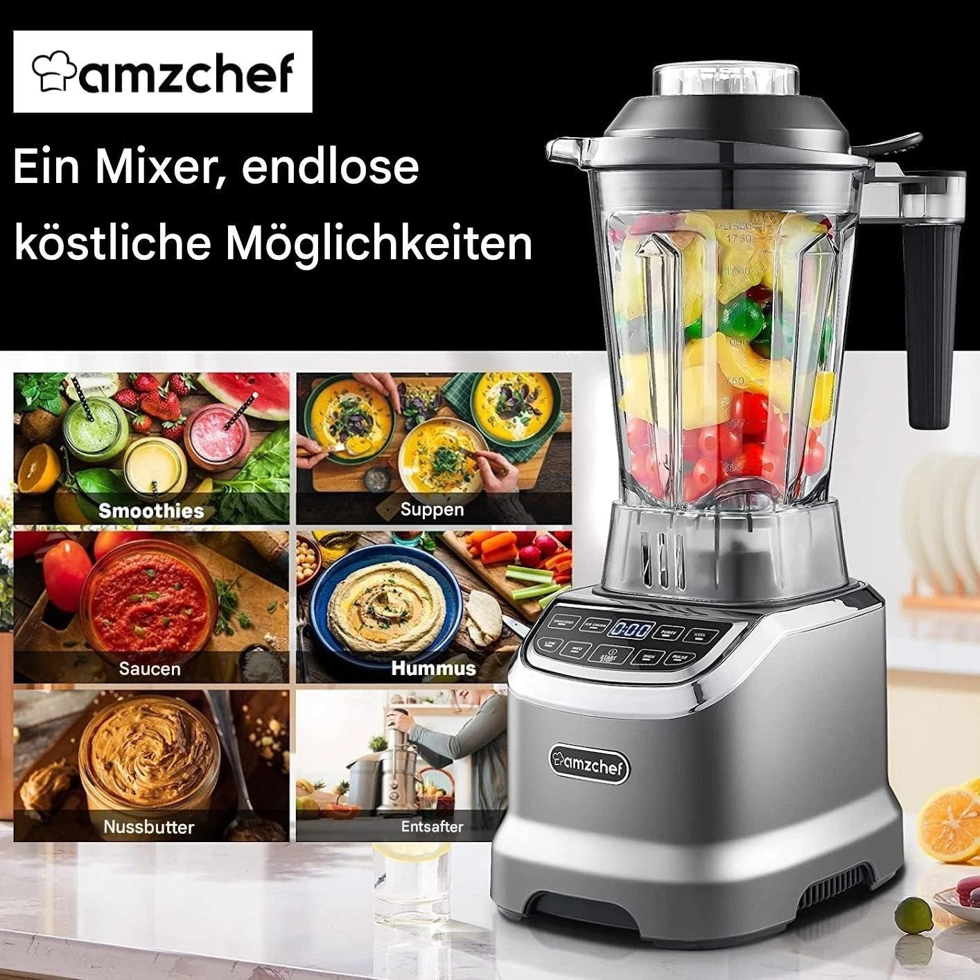 AMZCHEF Hochleistungsmixer 2IN1 Mixer mit 1850 ml und 600 ml Behälter 2000 Watt