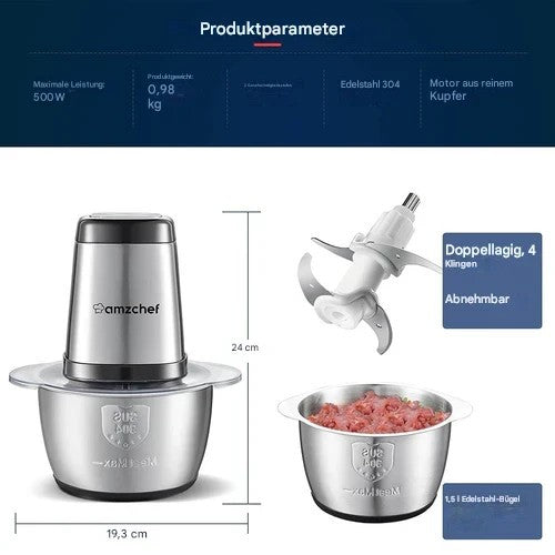 AMZCHEF Zerkleinerer Elektrisch 500W Multizerkleinerer 1,5L Edelstahlschüssel
