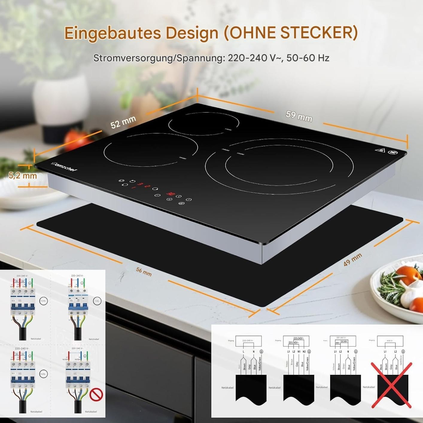 AMZCHEF Glaskeramikkochfeld 60cm Herdplatte 3 kochfelder 5400W mit 9 Stufen