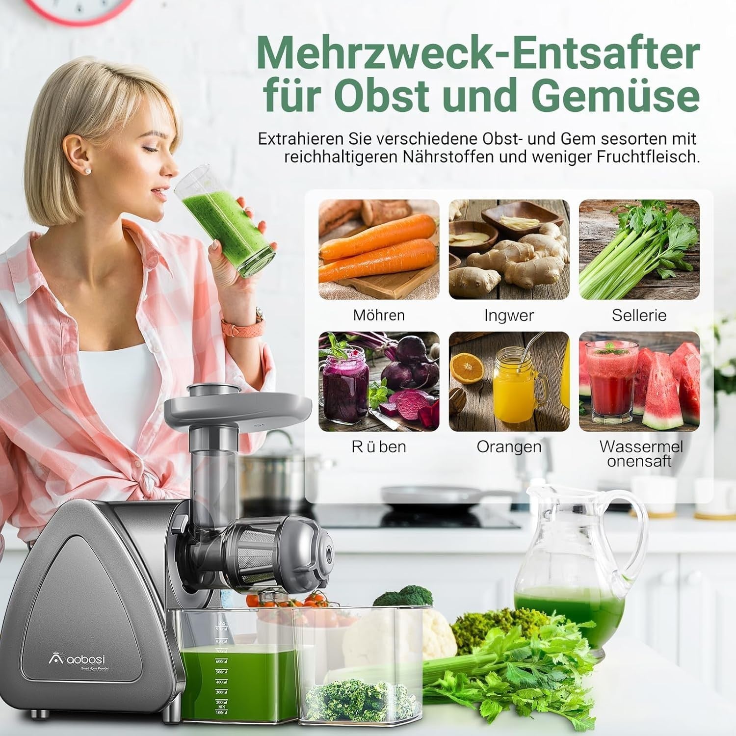 Aobosi Slow Juicer Entsafter 150w  Saftpresse leiser Motor hohe Saftausbeute