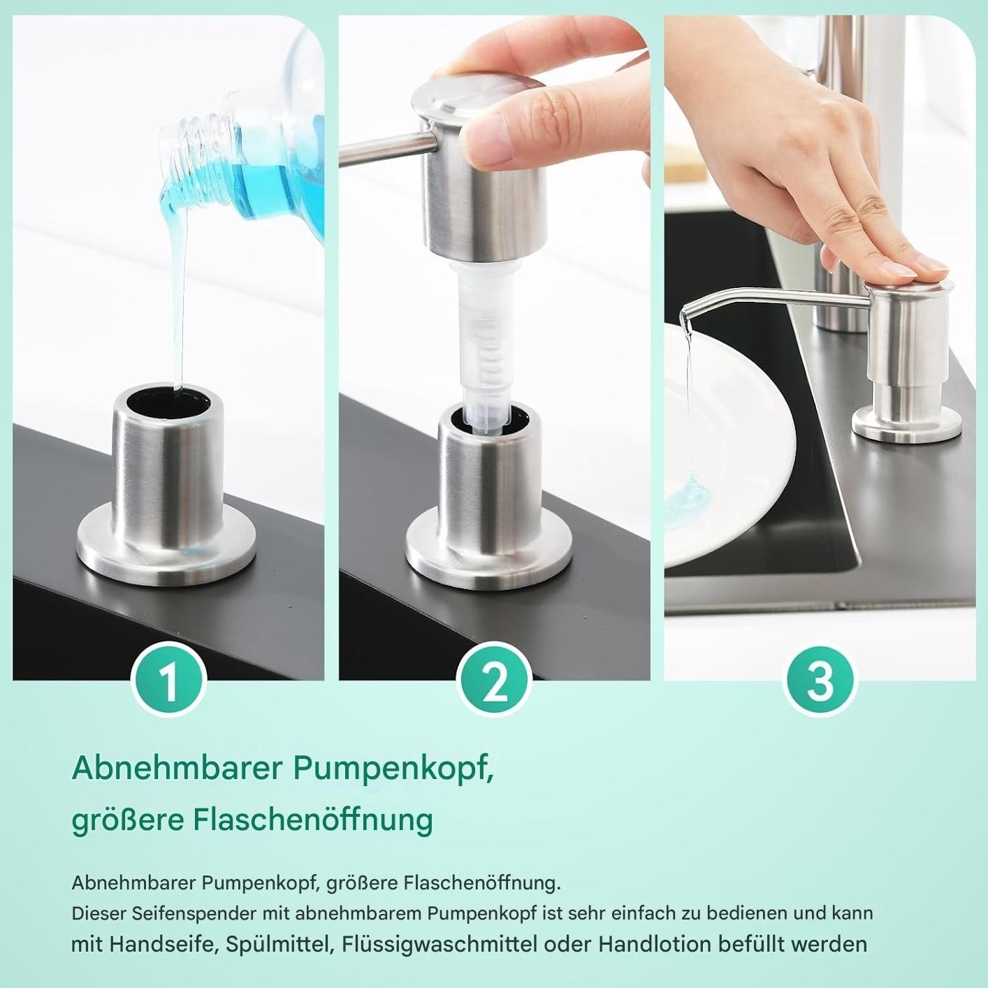 CREA Seifenspender Einbau Küche, Bad 500ml Flasche 1m Schlauch drehbar Edelstahl