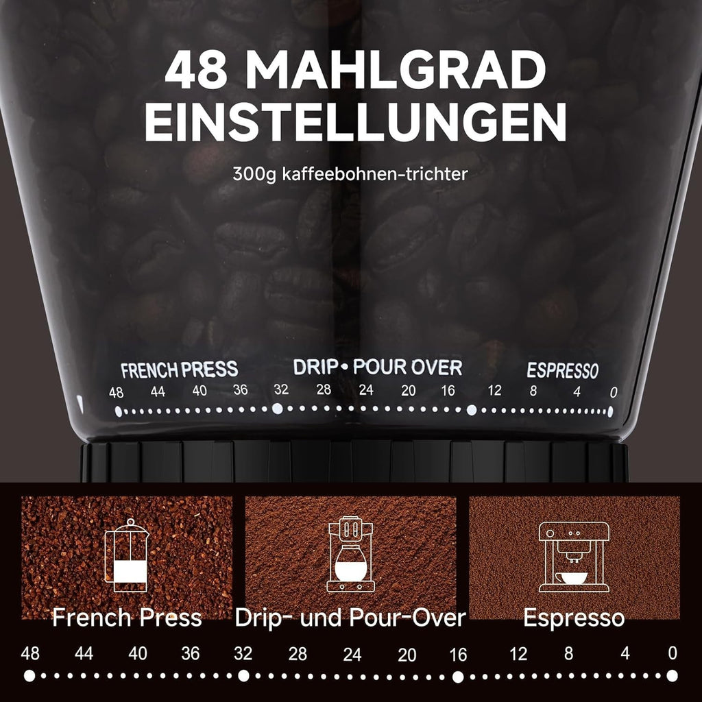 AMZCHEF Kaffeemühle Elektrisch 48 Mahlgrade einstellbar für Espresso, Cold Brew