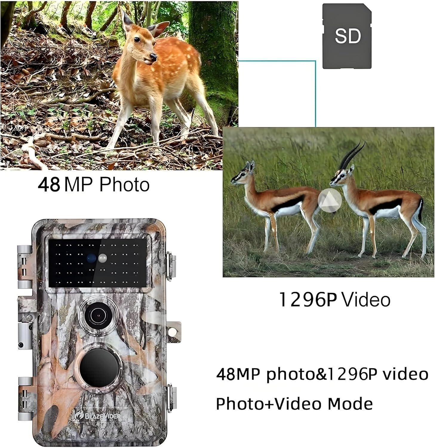 BlazeVideo A252 Wildkamera 48MP 1296P HD Nachtsicht IP66 Outdoor Jagdkamera