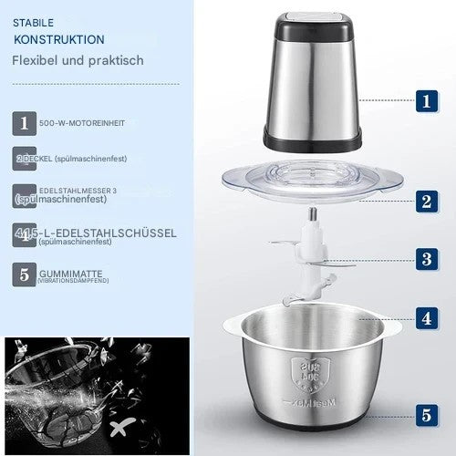 AMZCHEF Zerkleinerer Elektrisch 500W Multizerkleinerer 1,5L Edelstahlschüssel