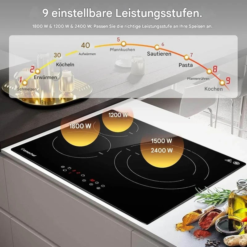 AMZCHEF Glaskeramikkochfeld 60cm Herdplatte 3 kochfelder 5400W mit 9 Stufen