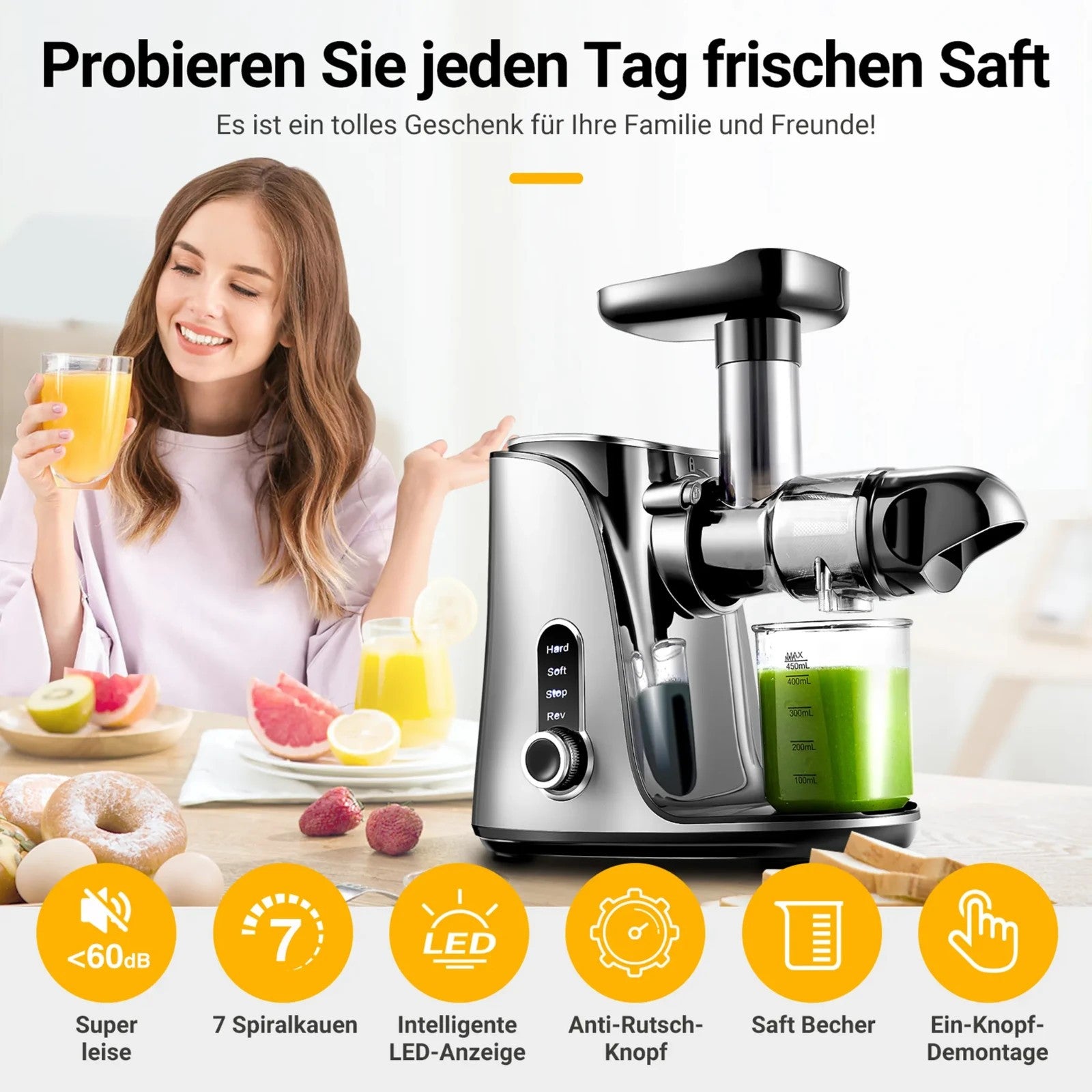 AMZCHEF Slow Juicer Entsafter mit 2 Geschwindigkeitsmodi mit Tragbarer Flasche