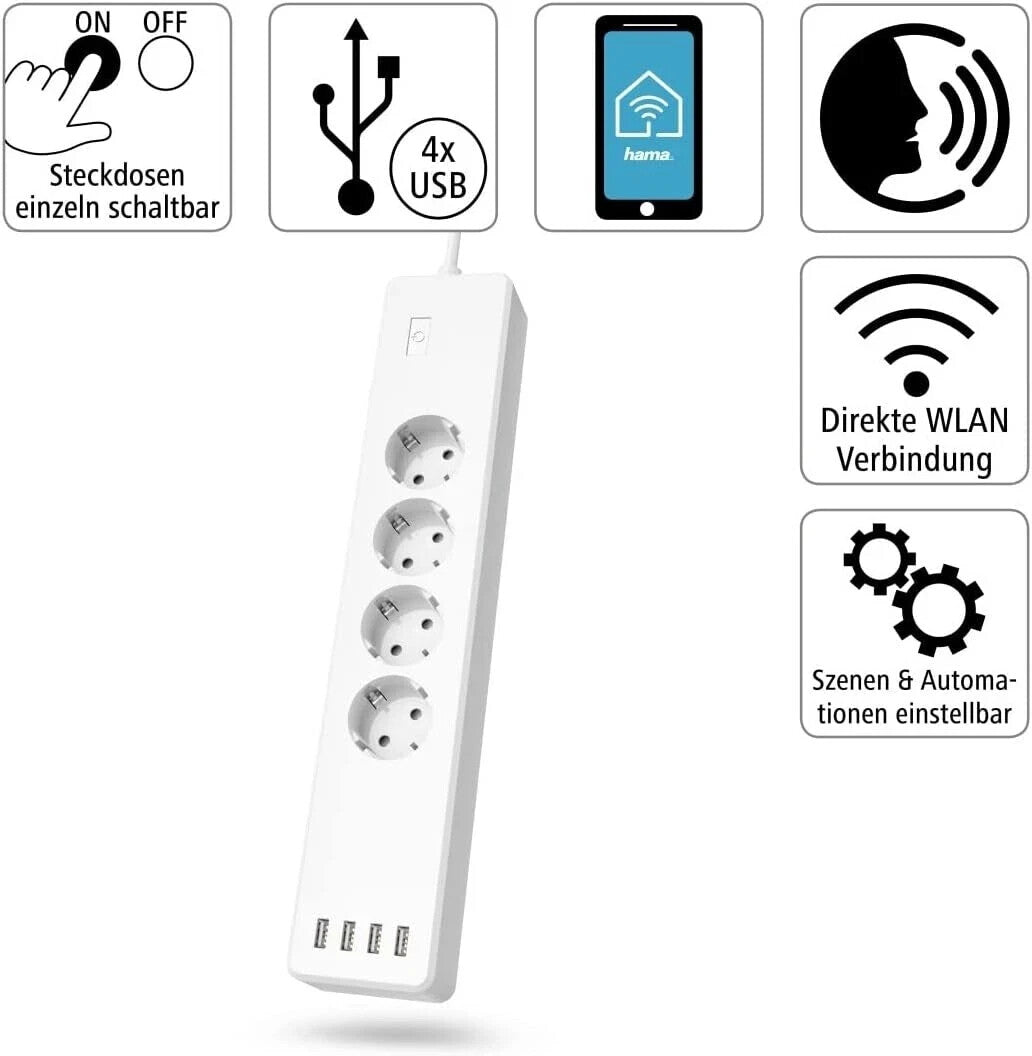 Hama WLAN Steckdosenleiste 4-fach USB einzeln schaltbar App-Steuerung 1,7m