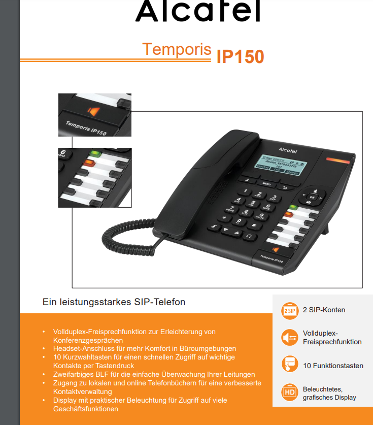 Alcatel Temporis IP150 IP Phone VoIP SIP-Telefon PoE 2 Leitungen HD-Display Büro