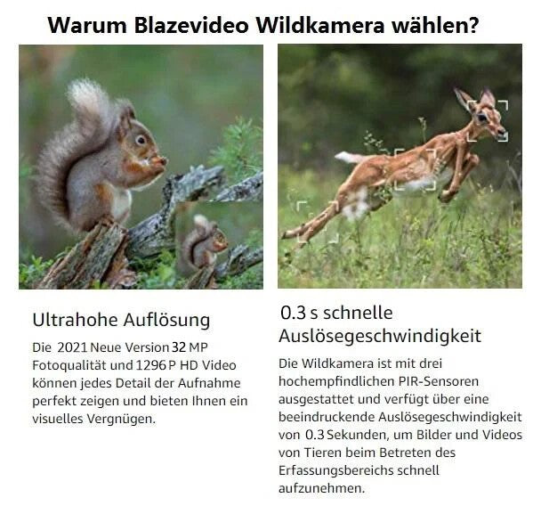 BlazeVideo A252 Wildkamera 32MP 1296P HD Nachtsicht IP66 Outdoor Jagdkamera