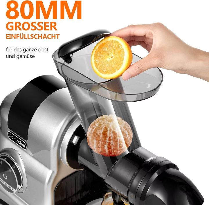 AMZCHEF Entsafter Slow Juicer 80MM Großer Einfüllschacht  Ganzes Gemüse und Obst