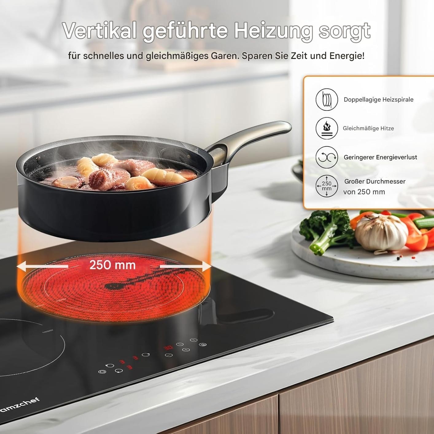 AMZCHEF Glaskeramikkochfeld 60cm Herdplatte 3 kochfelder 5400W mit 9 Stufen