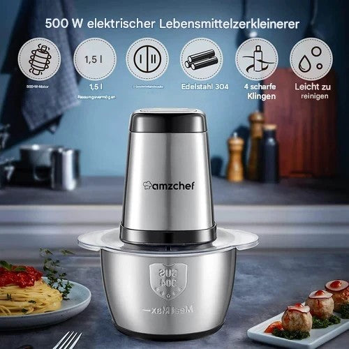 AMZCHEF Zerkleinerer Elektrisch 500W Multizerkleinerer 1,5L Edelstahlschüssel