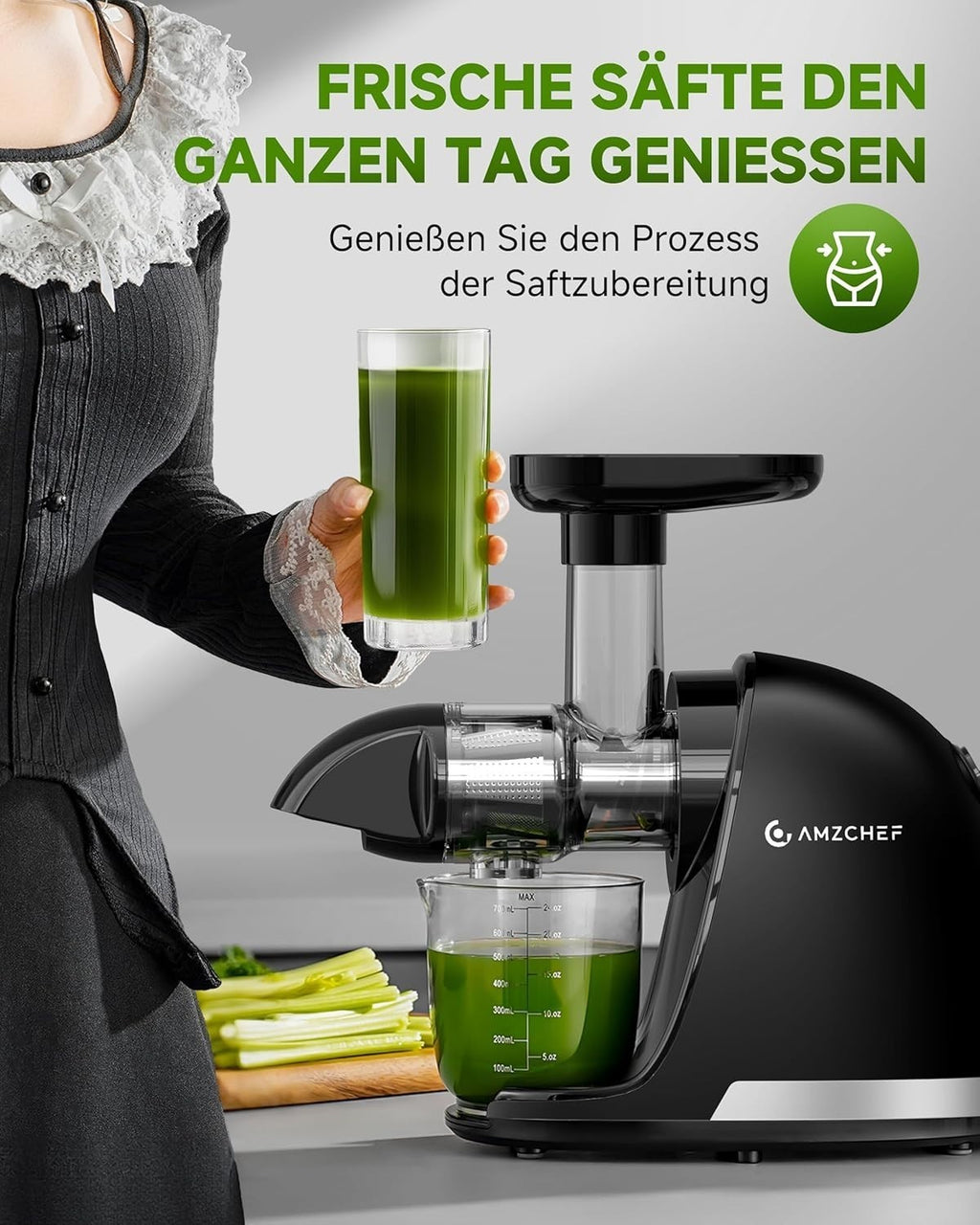 AMZCHEF Entsafter Slow Juicer elektrische Saftpresse nährstoffschonend 4-in-1