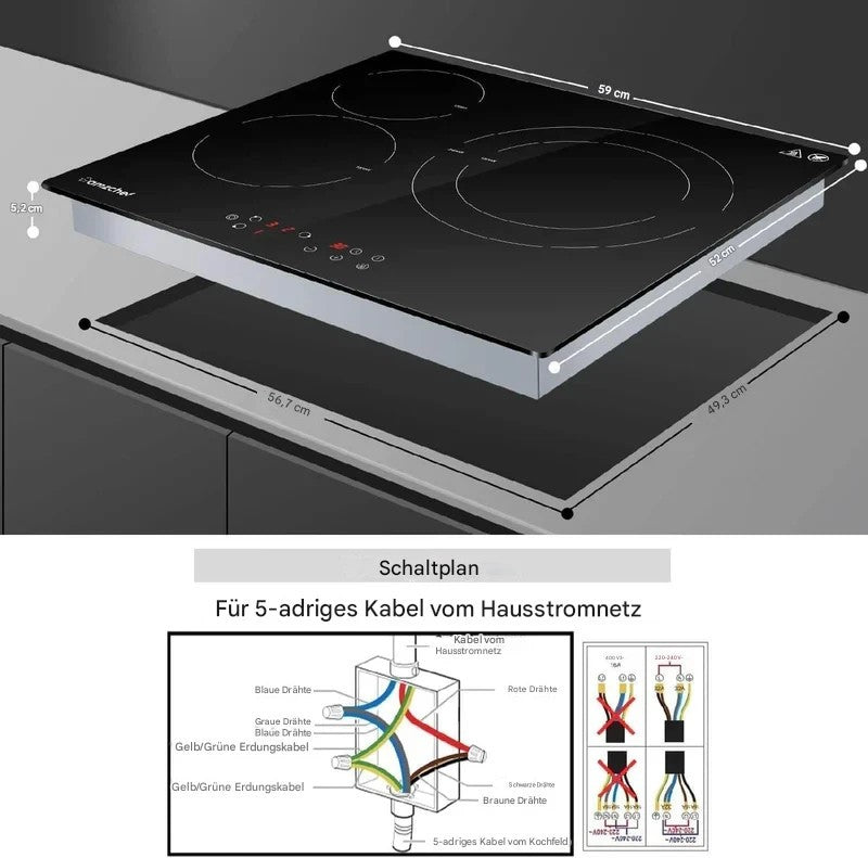 AMZCHEF Glaskeramikkochfeld 60cm Herdplatte 3 kochfelder 5400W mit 9 Stufen