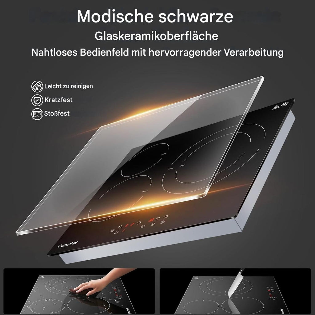 AMZCHEF Glaskeramikkochfeld 60cm Herdplatte 3 kochfelder 5400W mit 9 Stufen