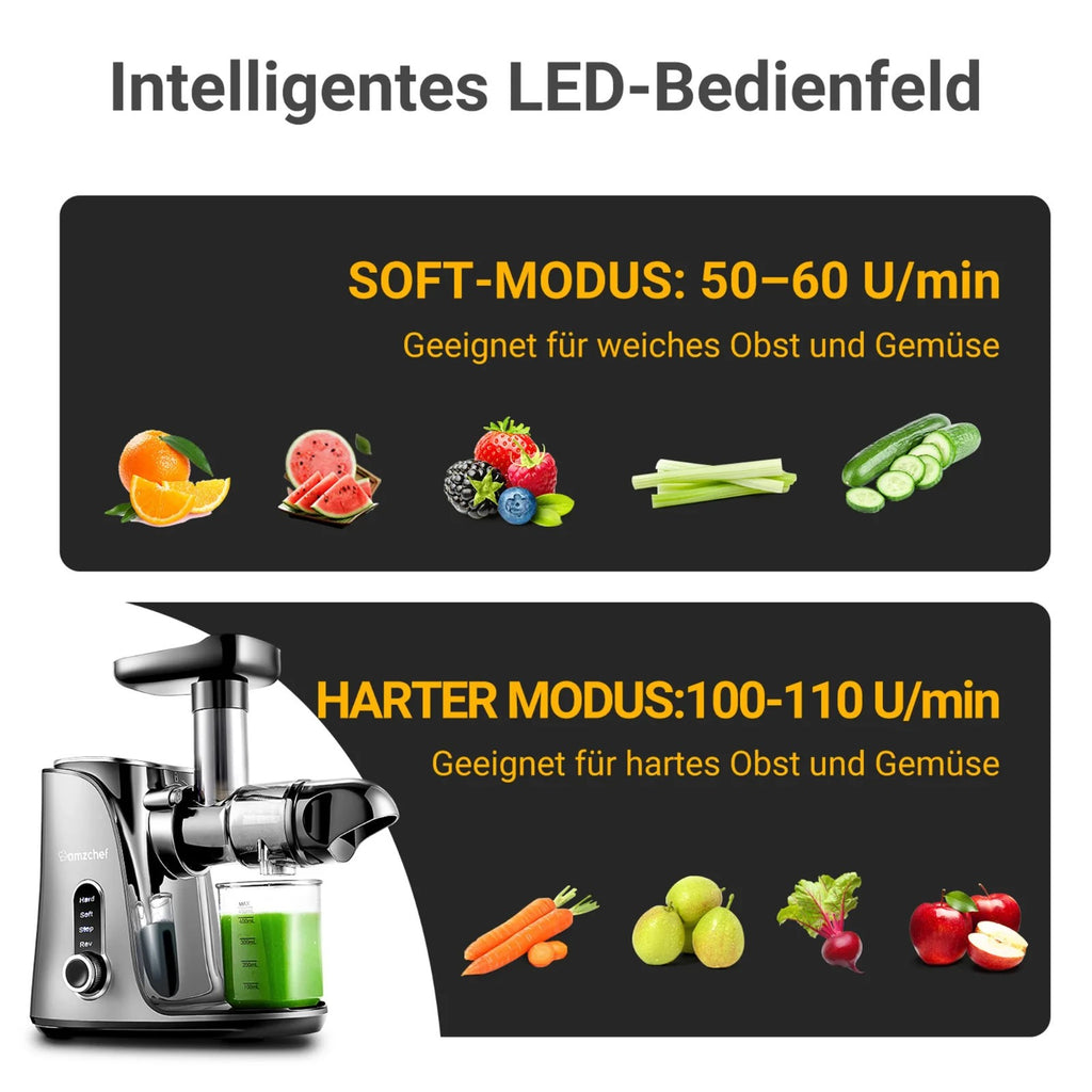 AMZCHEF Slow Juicer Entsafter mit 2 Geschwindigkeitsmodi mit Tragbarer Flasche
