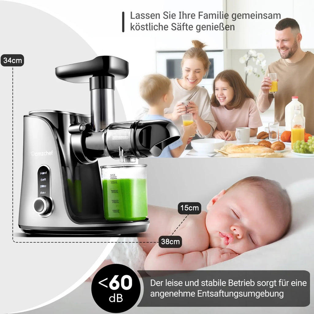 AMZCHEF Slow Juicer Entsafter mit 2 Geschwindigkeitsmodi mit Tragbarer Flasche